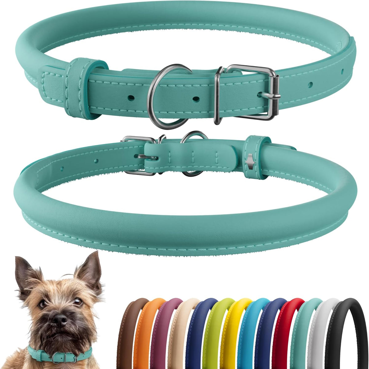 CollarDirect Rolled Leather Dog Collar, Soft Padded Round Puppy Collar, Handmade Genuine Leather Collar Dog Small Large Cat Collars 13 Colors (6-7 Inch, Mint Green Smooth)