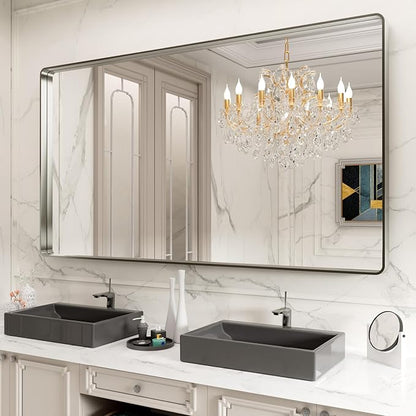 LOAAO 84X32 Inch Brushed Nickel Bathroom Mirror, Rounded Rectangle Silver Metal