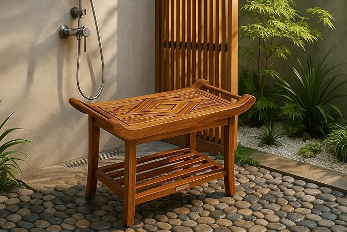 Luxury Teak Shower Bench Stool Seat Chair with Leveling Feet, Waterproof, Teak Oil Finish, Large, 25x19x14, for Bathroom, Spa, Sauna, Pool Deck, Patio, Garden, RV, from Our Diamond Collection