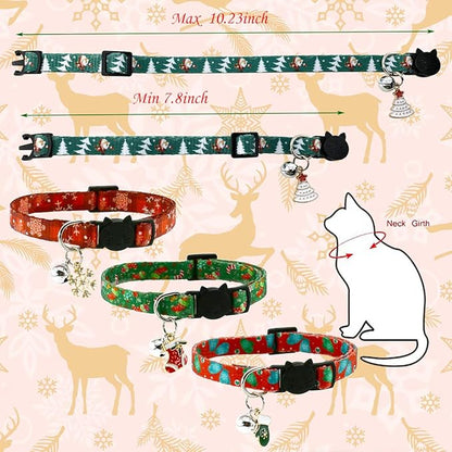Christmas Cat Collar Set - Xmas Cat Adjustable Breakaway Collars with Bells & Charms 4Pcs Per Set