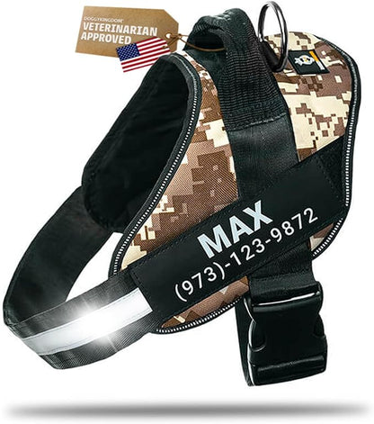 Personalized Dog Harness with Custom Name Patches, Adjustable Reflective No Choke Dog Vest with Handle for Small Sized Dog, Military Desert, S
