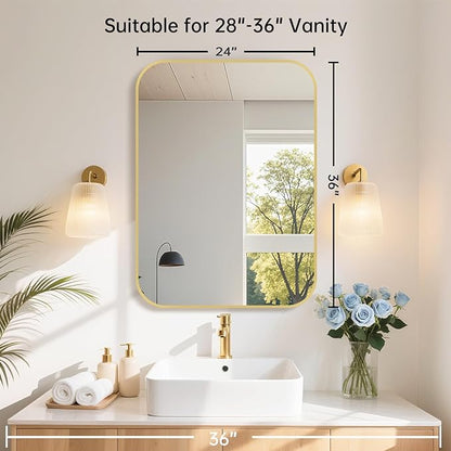 24x36 Inch Gold Bathroom Mirror, Brushed Gold Metal Framed Rectangular Mirror