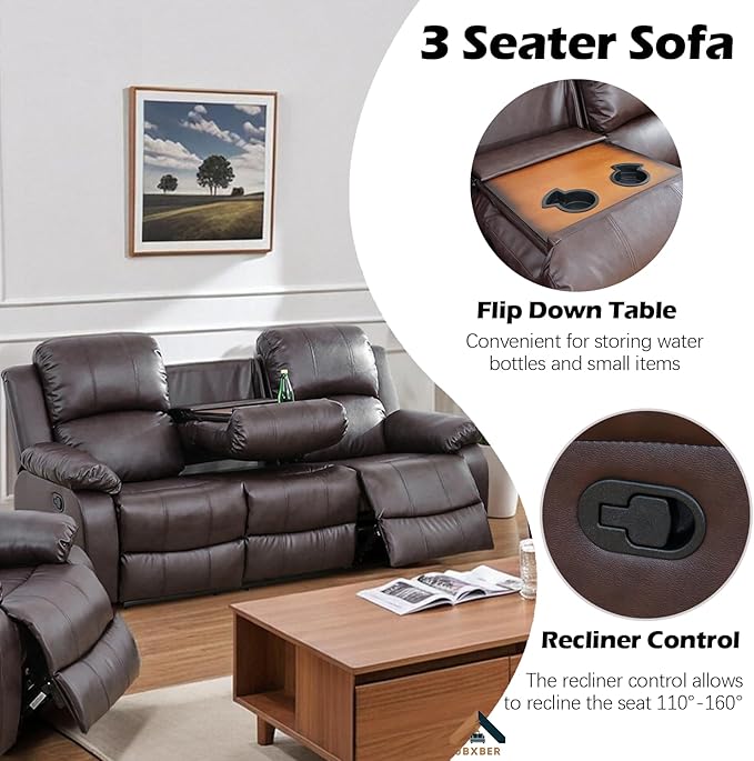 JBXBER Manual Recliner Sofa Set for Living Room, Leather Reclining Sofa Sets, Faux Leather Couch Set with Cup Holders, Drop-Down Table and Storage Console(3 Piece Set,Brown)