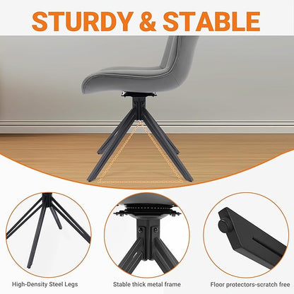 VATROS Dining Chairs Set of 4, 360° Swivel Upholstered Mid-Century Modern Kitchen Dining Room Chairs, Armless Faux Leather Accent Side Chair with Padded Back, Metal Legs for Living Room Bedrooms,Grey