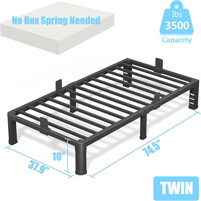 FUIOBYVV 10 Inch Twin Bed Frame with Rounded Corner and Headboard Hole Mattress Retainers 3500 LBS Metal Heavy Duty Steel Slats Support No Box Spring Needed Platform Noise Free Easy Assembly