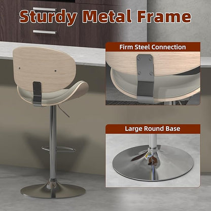 civama Bar Stools Set of 6 for Kitchen Counter, Adjustable Bar Height Chairs, Modern Swivel Barstools with Bentwood Seat and Back with Footrest for Kitchen Island, Dining Room, Grey PU Leather