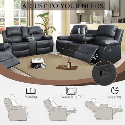 Caberryne Leather Recliner Sofa Set, 2 Pieces, Black, Modern Style, for Living Room/Office/Theater Seating