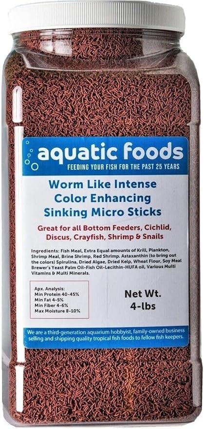 Aquatic Foods Inc. Worm Like Intense Color Enhancing Sinking Micro Sticks for Discus, Cichlids, Koi and Pond Fish, All Tropical Fish…4-lb Lg Jar