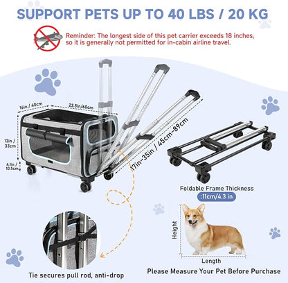Large Pet Carrier with Detachable Wheels, 2 IN1 Foldable Soft-Sided Carriers- Designed for Dogs & Cats, Telescopic Handle, for Outdoor Car Indoor, Max. 44 LBS(Not for Airline)