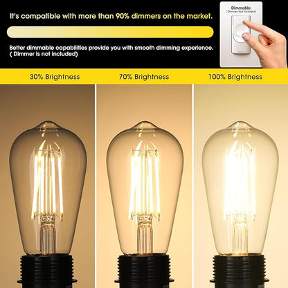 Vintage LED Edison Bulbs 6W, Equivalent 60W Incandescent, Warm White 2700K, ST58 Antique LED Filament Bulbs with 90+ CRI, E26 Medium Base,Dimmable, Clear Glass, Pack of 6