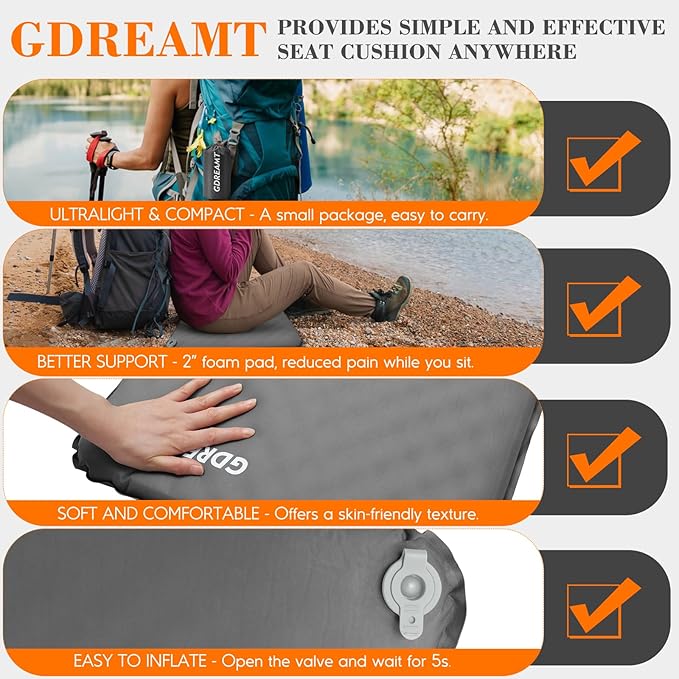 GDREAMT Inflatable Seat Cushion, Self-Inflating Memory Foam Stadium Seats Cushion Lightweight & Compact Chair Sitting Pad Airplane Cushion for Long Flight Travel Outdoor Camping Car Bleachers Office