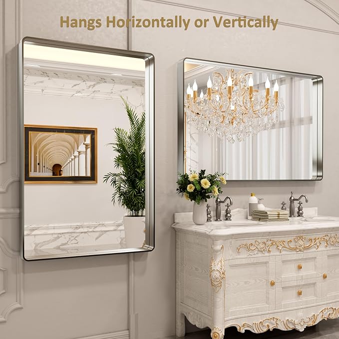 LOAAO 50X30 Inch Brushed Nickel Bathroom Mirror, Rounded Rectangle Silver Metal