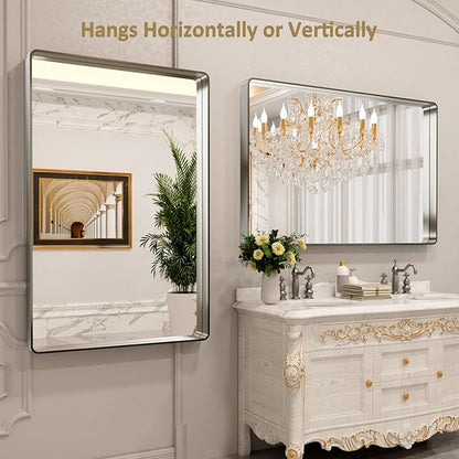 LOAAO 50X30 Inch Brushed Nickel Bathroom Mirror, Rounded Rectangle Silver Metal