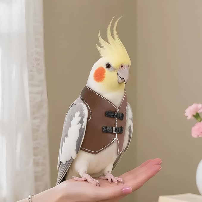 Bird Clothes, Parrot Leather Jacket, Bird Costume Cosplay Photo Prop, Parrot Apparel for Eclectus, Budgerigar, African Greys Parakeet, Conure, Cockatiel, Love Birds-Cowboy Style,Brown,M