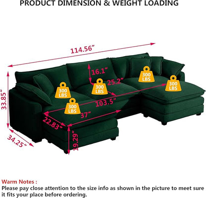 Aoowow Corduroy 3 Seater Couch with Ottomans,Modern Large Cloud Couches for Living Room,U Shaped Modular Sectional Cloud Sofas Deep Seat,Oversized Tufted U Shape Sofa Set (Green, 3 Seater + 2 Ottoman)