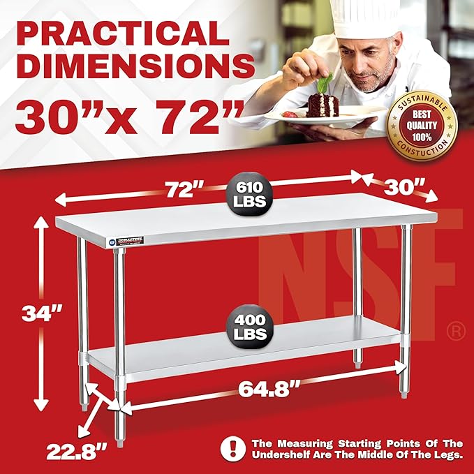 DuraSteel 30x72 Stainless Steel Prep Table - NSF Commercial Kitchen Metal Worktable - Large Laboratory Benches with Under Shelf - For Laundry Room, Kitchen, Garage, Restaurant