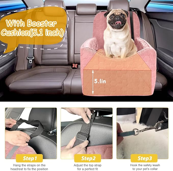 Dog Car Seat for Small/Medium Dogs, Memory Foam Dog Booster Seat, Travel Safety Per Car Seat with Washable Removable Cover, Storage Pockets for Dogs up to 35 lbs (Pink, Small)