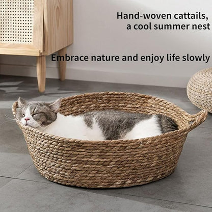 Cat Bed, Straw Woven Cat Baskets Bed, Round Wicker Cat Basket Nest, Non-Slip Cozy Kitten Bed for Cats Small Dog (with Cushion,Small)