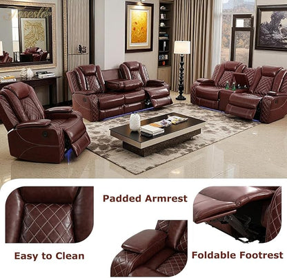 Toseslo Power Recliner Sofa Set with LED Light,Living Room Furniture Sets,Brown Leather Sofa and 2 Chairs Set, Modern Power Reclining Sets with Cup Holder/Storage Console for House