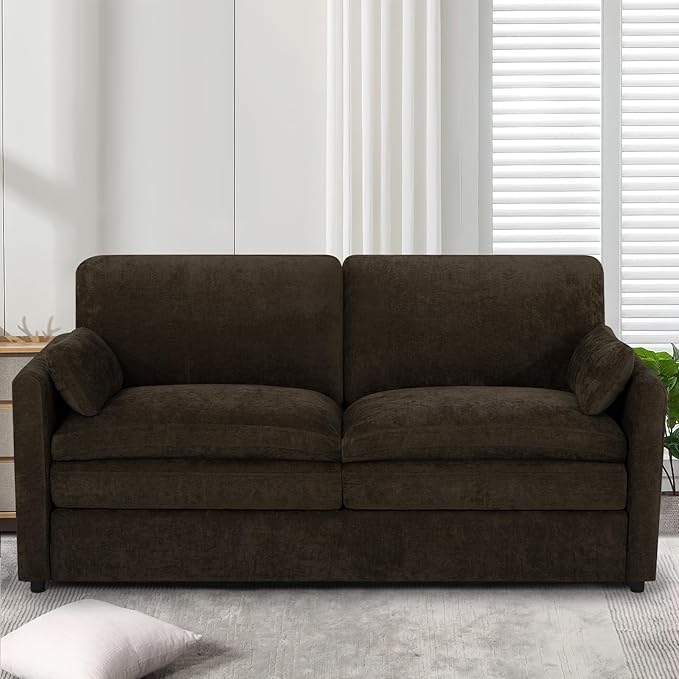 69" Chenille Modern Couch with Cozy & Soft Backrests, 2 Seats Sofa with 2 Extra Pillows, Comfy Upholstered Sofa with Thicker Cushions for Living Room, Office, Brown