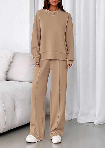 PRETTYGARDEN 2 Piece Sets For Women Fall Trendy Long Sleeve Sweatshirt Wide Leg Pants Loungewear Set Matching Sweatsuit