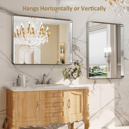 LOAAO 40X30 Inch Brushed Nickel Bathroom Mirror, Rounded Rectangle Silver Metal