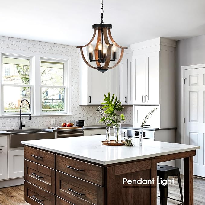 Farmhouse Hanging Pendant Lighting, 4-Light Rustic Flush Mount Ceiling Light Fixture,Modern Faux Wood Vintage Chandelier for Dining Room Kitchen Island Foyer Hallway Entryway Bedroom