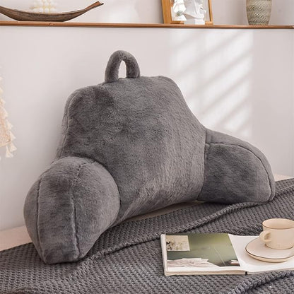 A Nice Night Faux Fur Reading Pillow Bed Wedge Large Adult Children Backrest with Arms Back Support for Sitting Up in Bed / Couch for Bedrest,Gray (Standard)