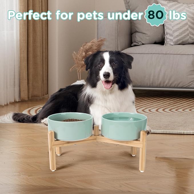 SPUNKYJUNKY Elevated Dog Bowls Ceramic, 7.3'' Dogs Food Water Bowls Raised with Non-Slip Bamboo Stand for Medium to Large Sized Breed Microwave Dishwasher Safe - 42 OZ,Light Green