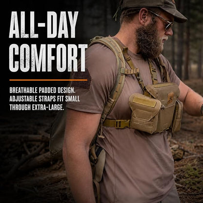 Binocular Harness Chest Pack - Bino Harness Hunting Chest Rig | Waterproof 500D Cordura case, silent magnetic closure, MOLLE rangefinder pouch, elk deer glassing