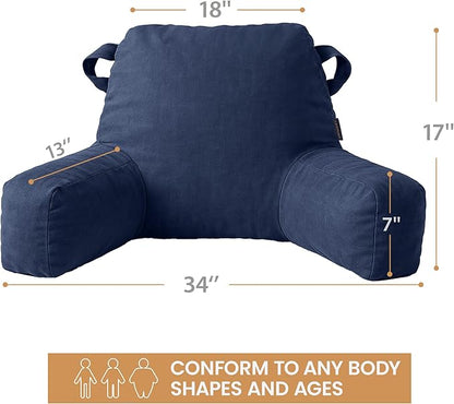 Unisakey Portable Comfy Reading Pillows for Bed Sitting Up(Royal Blue Oeko-Tex), Velvet Back Pillow with Arms & Pockets for Adults, Support Memory Foam Bed Pillow for Dorm/Reading/Watching/Gaming