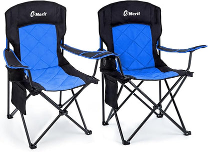 EMERIT 2 Pack Oversized Padded Camping Chair, 350LB Heavy Duty Quad Fold Chair with Arms, Collapsible Outdoor Chairs with Lumbar Back & Cup Holder