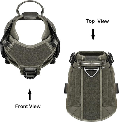 ICEFANG Tactical Dog Harness for Medium Dogs,Reflective No Pull Dog Vest | with Control Handle,Adjustable,Front Hook,2 Leash Clips,Soft Padded,MOLLE Panel,Green,Medium