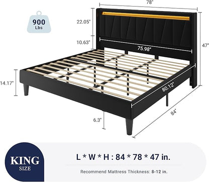 Allewie King Size LED Bed Frame with Charging Station, Velvet Upholstered Platform Bed with Geometric Wingback Headboard, Modern Frame with No Box Spring Needed, Easy Assembly, Black