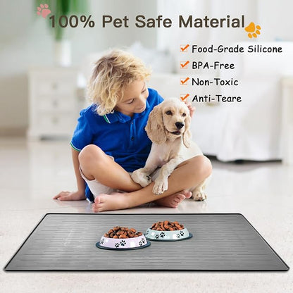 Largest Dog Food Mat, 39.5"x29.5" Silicone Dog and Cat Mat for Food and Water Bowls, Thinken Waterproof Non-Slip XXXL Pet Feeding Mat for Floors (Grayish Green)