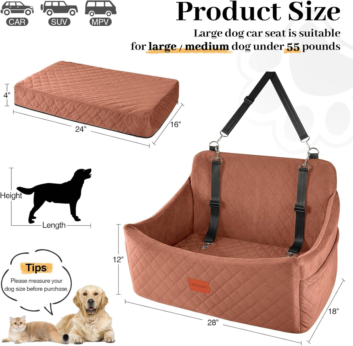 Dog Car Seat for Medium & Large Dogs Up to 55lbs, Memory Foam Cushion, Washable Cover, Safety Straps & Non-Slip Base (Brown, Large)