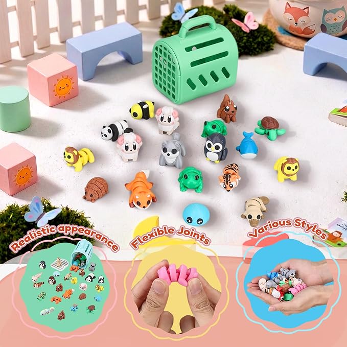 40 PCS 3D Printed Animals, Mini 3D Printed Animal Figurines with Cage, Flexible Articulated Fidget Toys for Desk Decor, Party Favors, Goodie Bag Stuffers, Classroom Rewards