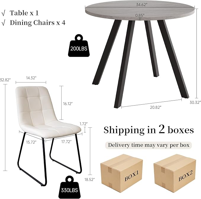 34.6'' Dining Table and Chairs for 4, Mid Century Modern Round Table Set, Space Saving for Apartment Kitchen Dining Room (Grey Table+4 U-Shaped White Chairs)