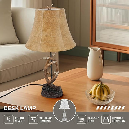 Rustic Western Antler Lamp Set of 2-22.9" Farmhouse Table Lamp with 2 USB Ports, Rustic Nightstand Lamp for Home Room Decor Living Room Bedroom