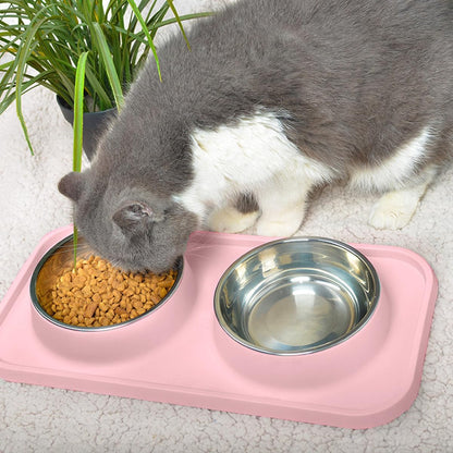 Cat Food Bowls, Cat Bowls Non-Skid and Non-Spill Silicone Pads with PP Stand, Removable Stainless Steel Food and Water Dishes for Cats, Small Size Dogs