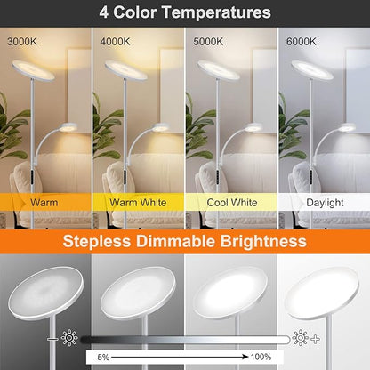 OUTON LED Floor Lamp, 27W/2400LM Torchiere Lamp & 7W/ 400LM Reading Lamp, Bright Dimmable Standing Tall Lamp with 4 Color Temperature, Remote Touch Control for Living Room Bedroom Office, Silver Grey