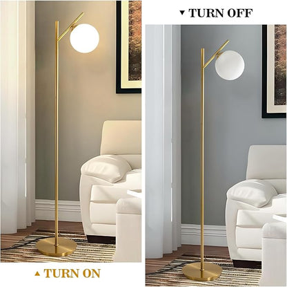 Mid Century Floor Lamp for Living Room Modern Tall Standing Lamp with Frosted Glass Globe Shades Contemporary Brass Freestanding Lamp for Office Bedroom (Gold)