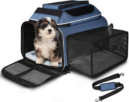 Petskd Top and Side Expandable Pet Carrier 18x11x11 Inches Delta United Airline Approved, Soft-Sided Carrier for Small Cats and Dogs with Locking Safety Zippers and Anti-Scratch Mesh(Blue)