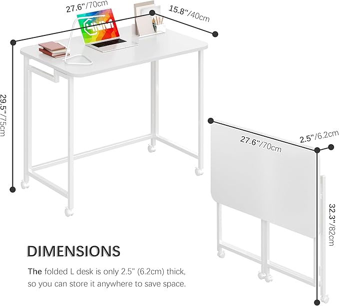 4NM 27.5" Mobile Small Rolling Computer Desk, Folding Laptop Cart Table with Wheels, Portable Office Desk for Small Space Couch Bed - All White