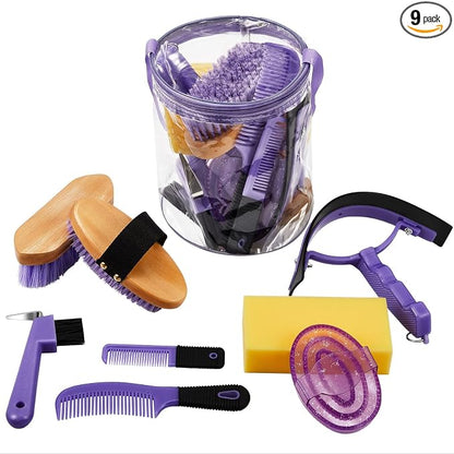 Cunhill 9 Pcs Horse Grooming Kit with Bag Curry Brushes,Cute,Purple | Complete Grooming Set for Horses, Hard Soft Brushes, Hoof Pick, Sweat Scraper, Sponge, Comb, Portable Tote for Stable