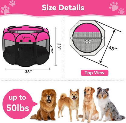 Siedihit Dog Cat Playpen, Large Puppy Pet Playpen, Dog Crate Tent Cage | Indoor/Outdoor, Portable Pop Up Dogs Kennel Playpen with Carrying Case for Dogs/Cats/Rabbits, Hot Pink