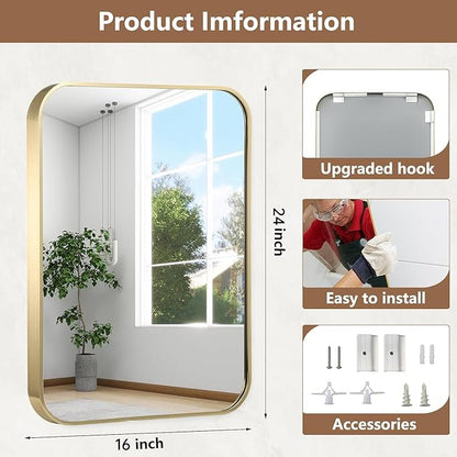 16x24 Inch Gold Bathroom Mirror, Brushed Brass Gold Metal Framed Rectangular