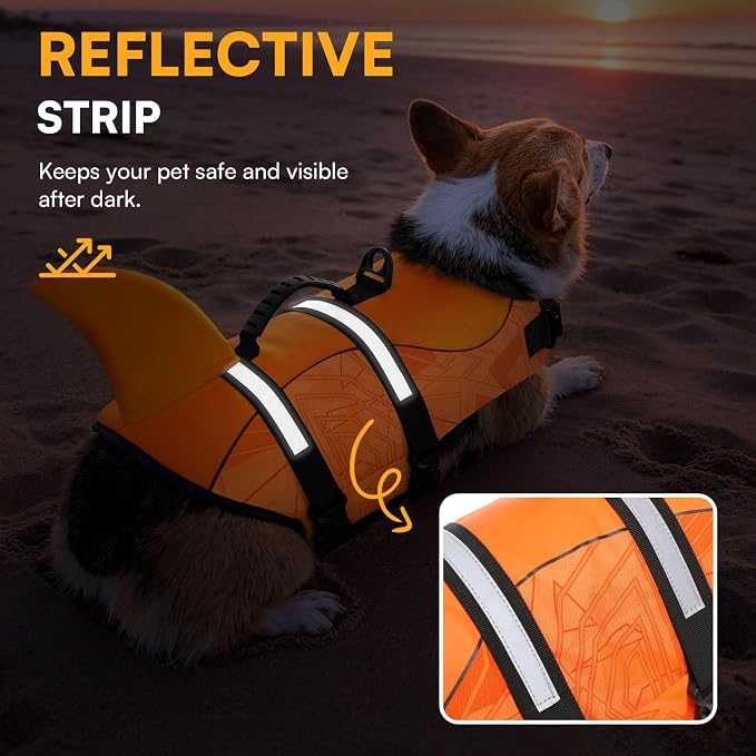 Dog Life Jacket High Flotation, Reflective Dog Life Vest for Swimming, Adjustable Dogs Life Preserver Rescue Handle Spring Summer Pool for Small, Medium, Large Dogs (OrangeLines,XXL)