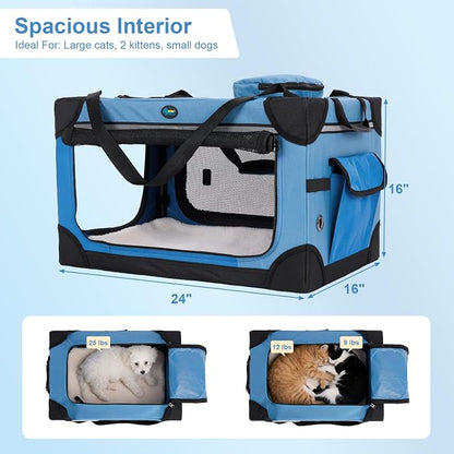 Ownpets Extra Large Cat Carrier for 2 Cats Small Dogs, 24 Inches Collapsible Soft Dog Crate for Car Travel, Portable Pet Carrier with Soft Mat, Blue | Foldable, Portable, 4-Doors, 4-Side Mesh Windows, Steel Frame Oxford Cloth, Soft Cushion Mat, Leash, ...