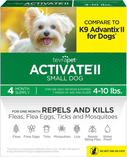 TevraPet Activate II Flea and Tick Prevention for Dogs | 4 Count | Small Dogs 4-10 lbs | Topical Drops | 4 Months Flea Treatment